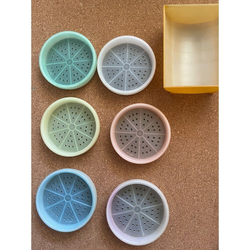 VINTAGE Tupperware MCM 6 Pastel Wagon Wheel COASTERS & CADDY Set USA Made